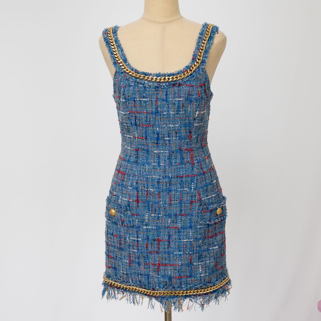 Balmain Tweed Chain Short Dress in Blue - BOPF | Business of Preloved Fashion Balmain Tweed Chain Short Dress in Blue - BOPF | Business of Preloved Fashion