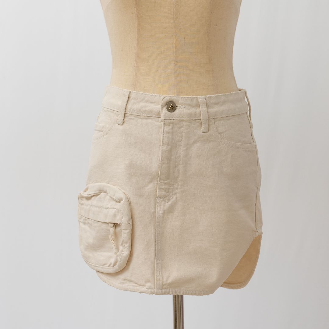 Attico Cream Mini Skirt with Pocket Detail in Cotton Canvas