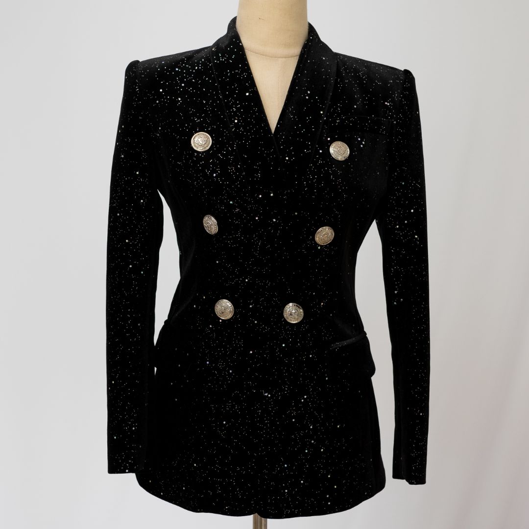 Balmain Milky Way Velvet Blazer with Embossed Buttons in Black