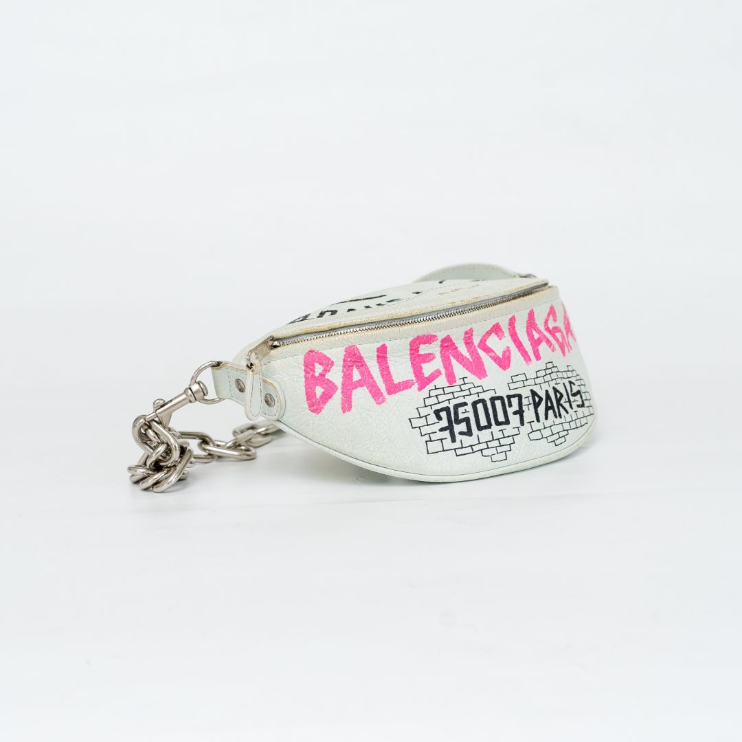 Balenciaga Agneau Graffiti All Over Souveniers Belt Bag White Multicolor