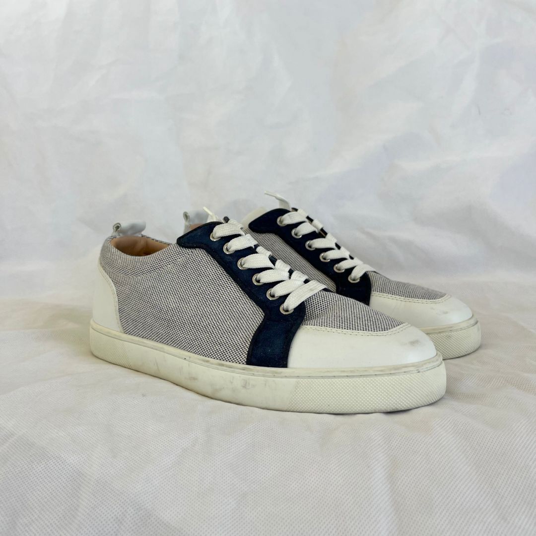 Christian Louboutin White/Grey Leather and Canvas  Rantulow Sneakers , 42