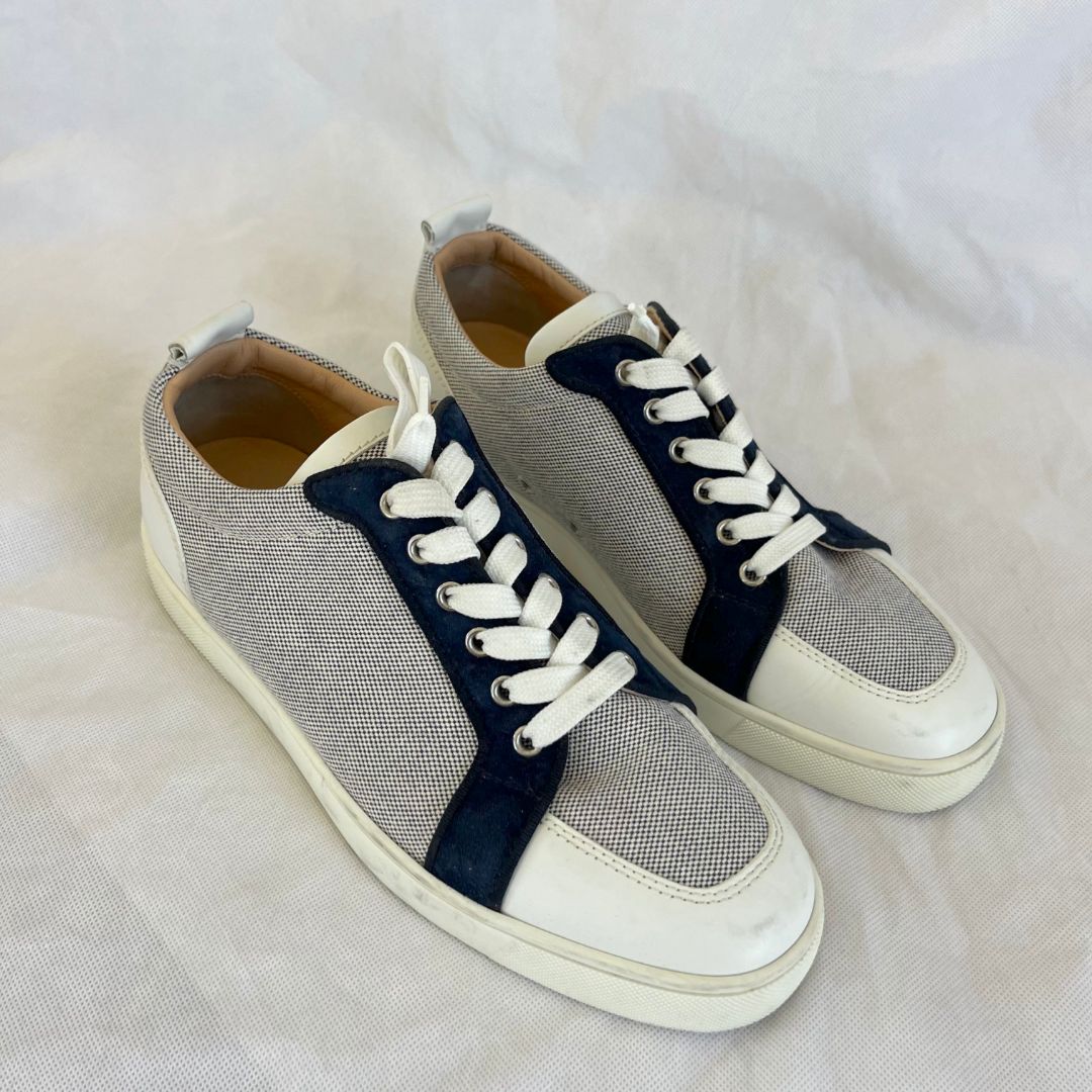 Christian Louboutin White/Grey Leather and Canvas  Rantulow Sneakers , 42