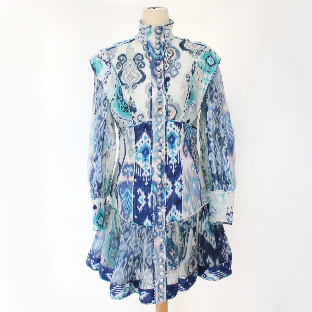 fitted lace wedding dress Zimmermann Glassy Long Sleeve Spliced Blue Mini Dress - BOPF