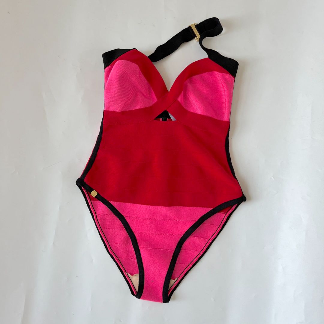 Herve Leger pink one piece bandage swimsuit