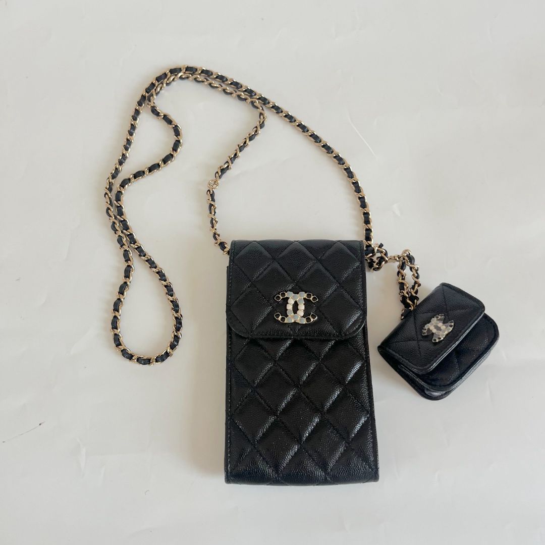 Chanel Caviar Quilted Crystal CC Airpods Pro and Phone Case With Chain