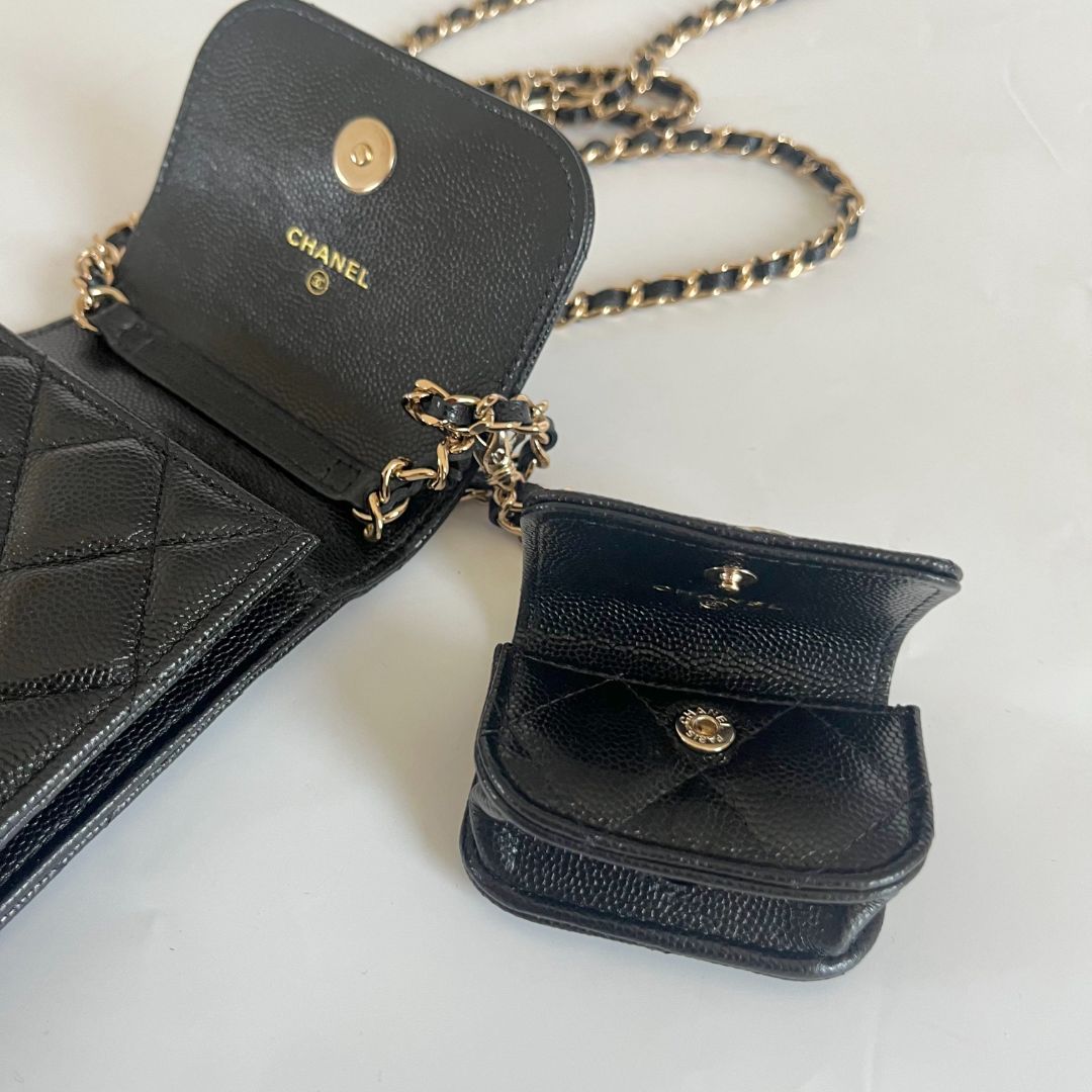 CHANEL Caviar Quilted Crystal CC Airpods Pro and Phone Case With Chain Black  714653