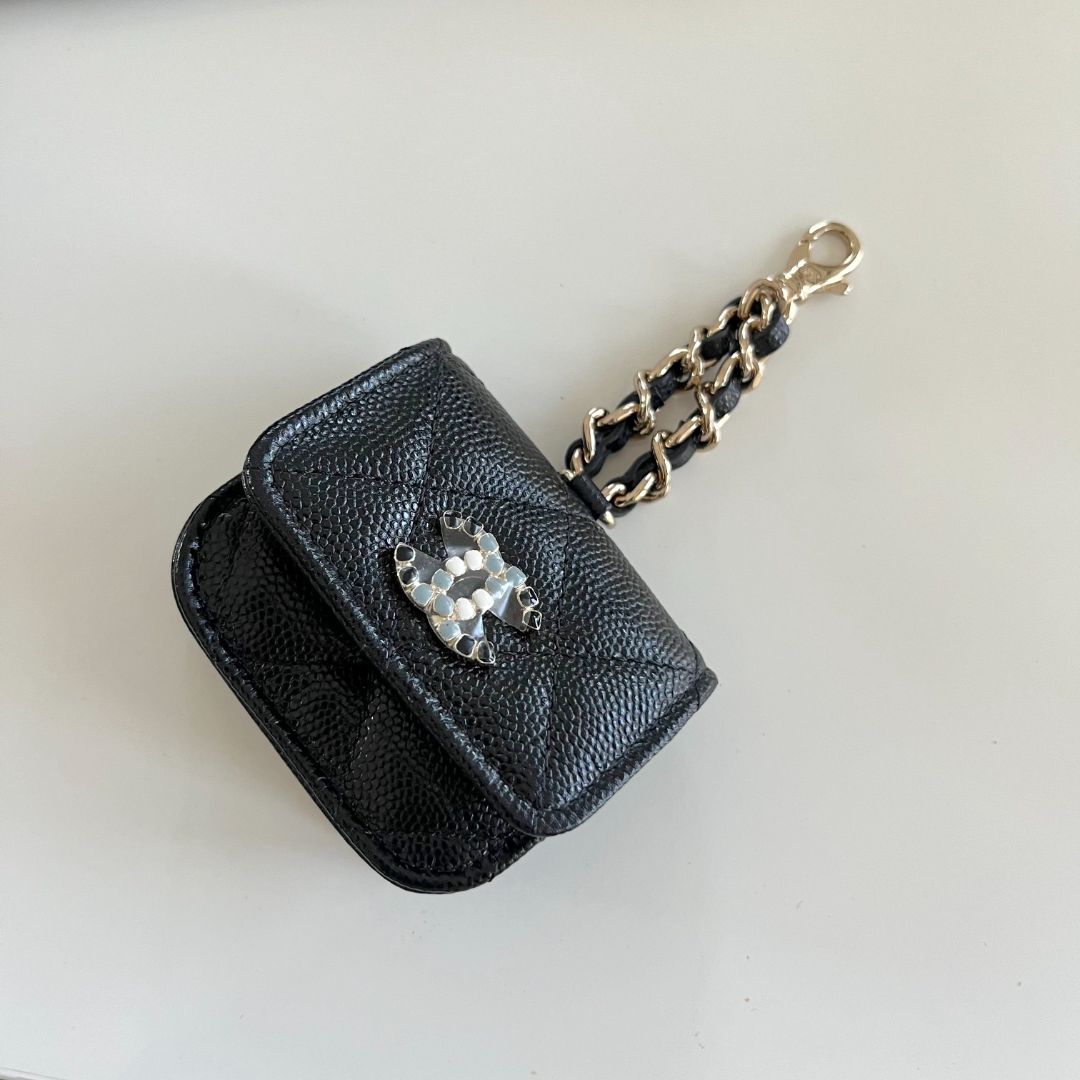 Chanel Caviar Quilted Crystal CC Airpods Pro and Phone Case With Chain