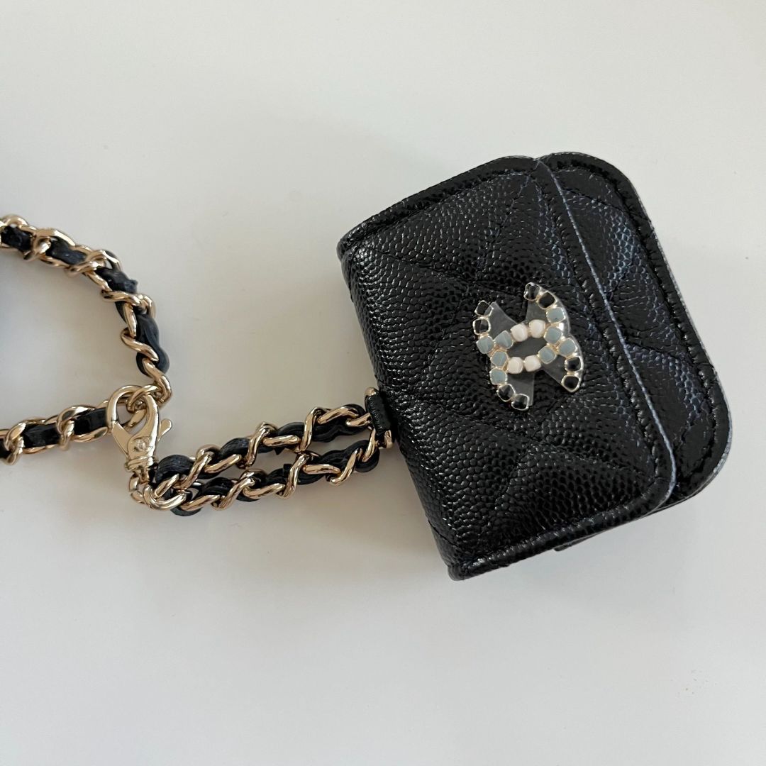 Chanel Caviar Quilted Crystal CC Airpods Pro and Phone Case With Chain -  BOPF