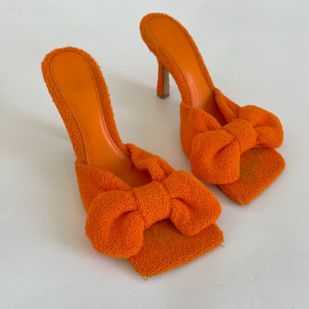 Bottega Veneta orange Terry cloth bow square toe stretch mules, 37.5