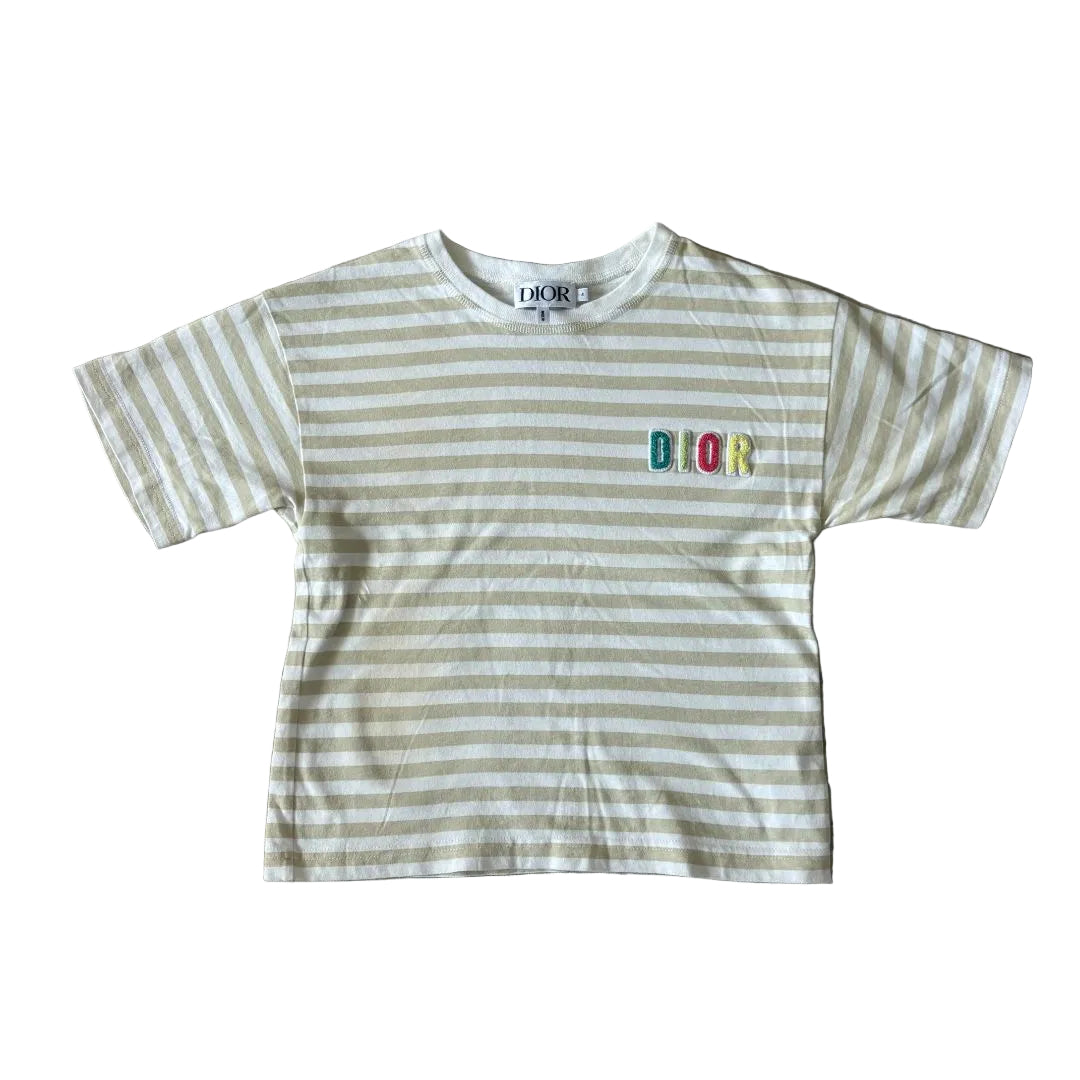 Dior White and Beige Striped T-Shirt Embroidered Logo 4 Years