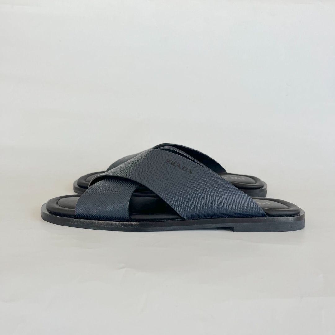 Prada Saffiano Cuir Leather Sandals, Mens 42.5
