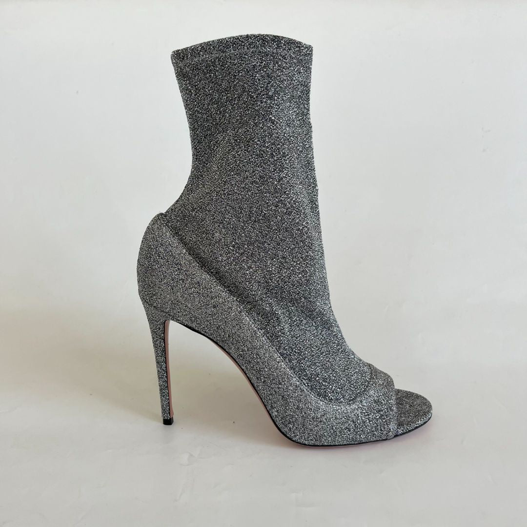 Aquazzura Silver Lurex Fabric Eclair Peep Toe Ankle Boots Size 41
