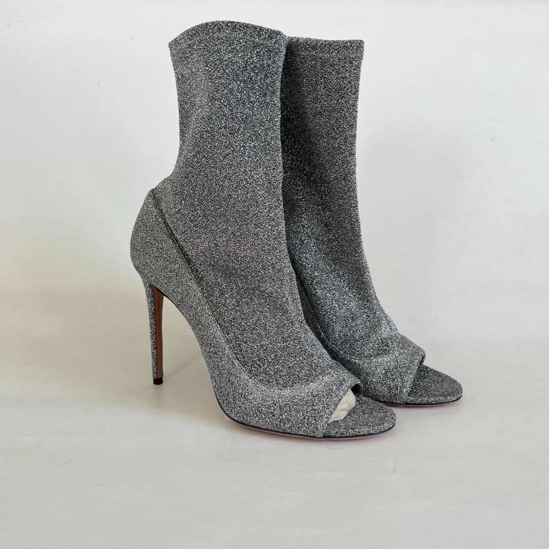 Aquazzura Silver Lurex Fabric Eclair Peep Toe Ankle Boots Size 41