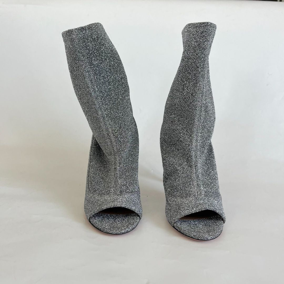 Aquazzura Silver Lurex Fabric Eclair Peep Toe Ankle Boots Size 41