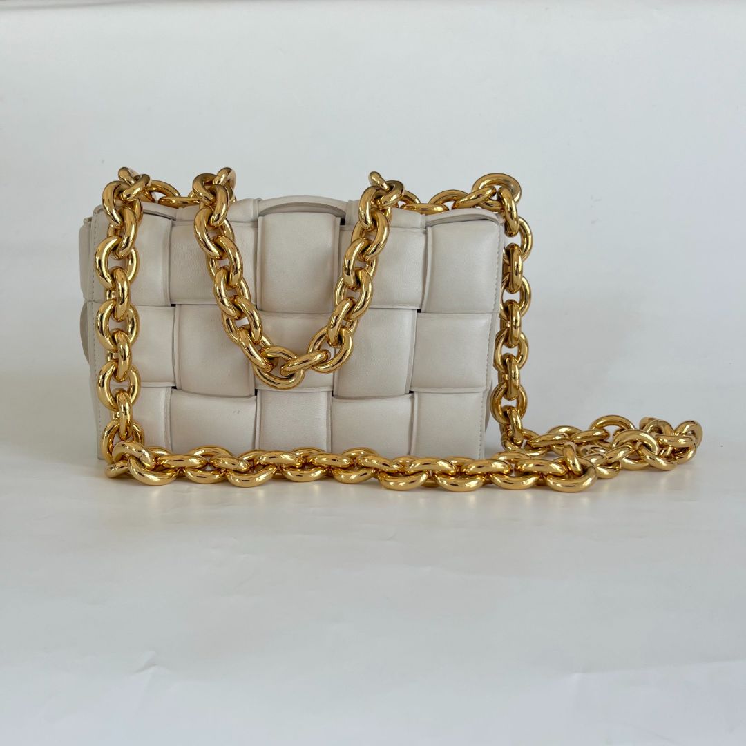 Bottega Veneta White Leather Chain Cassette Top Handle Bag BOPF  Business of Preloved Fashion