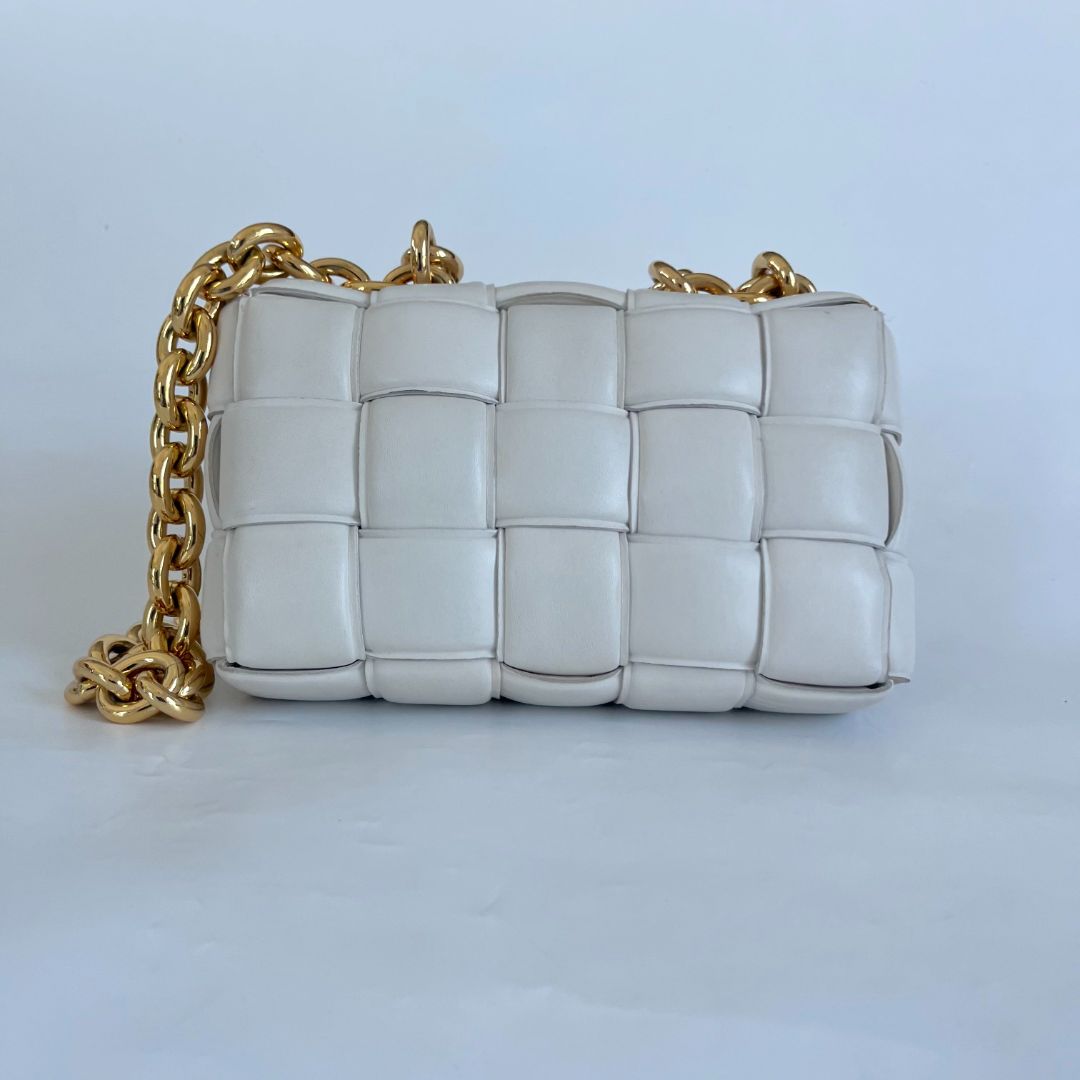 Bottega Veneta White Leather Chain Cassette Top Handle Bag
