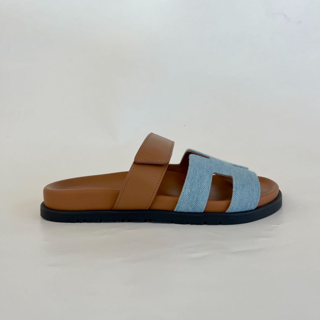 Hermès Chypre blue denim/caramel sandal size 36.5