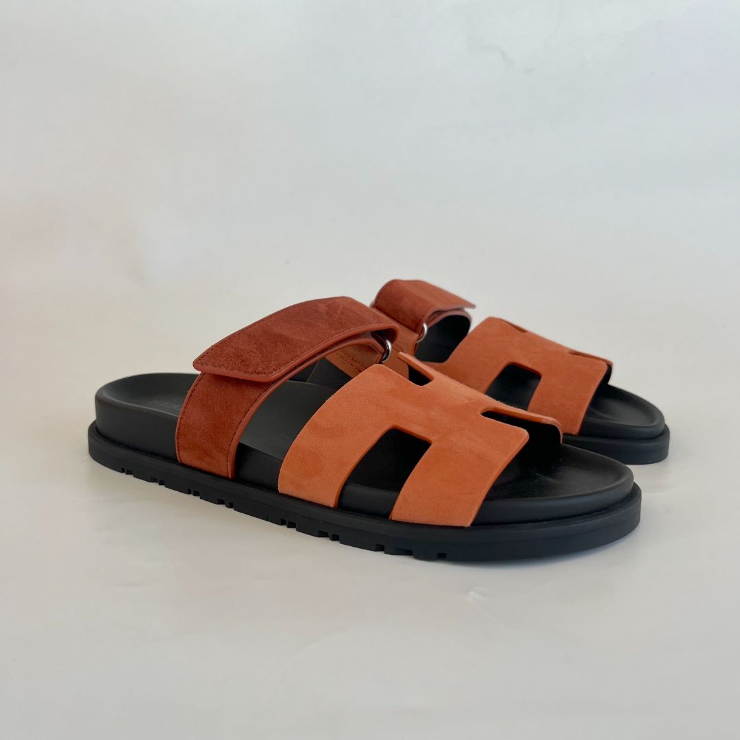 Hermès Orange Suede Chypre Sandals, 37