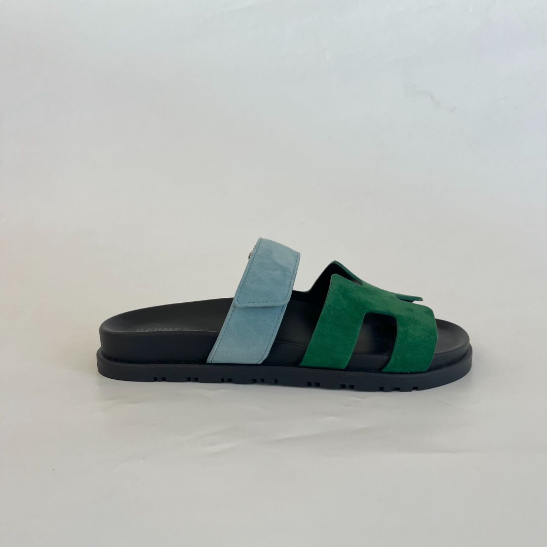 Hermès Suede Blue/Green Chypre Sandals, 37.5