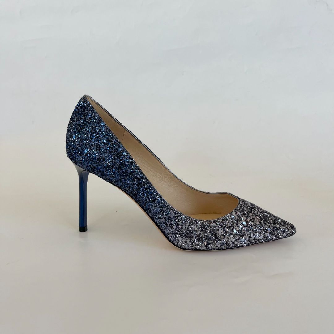 Jimmy Choo glitter blue/silver gradient mid heel pumps, 37