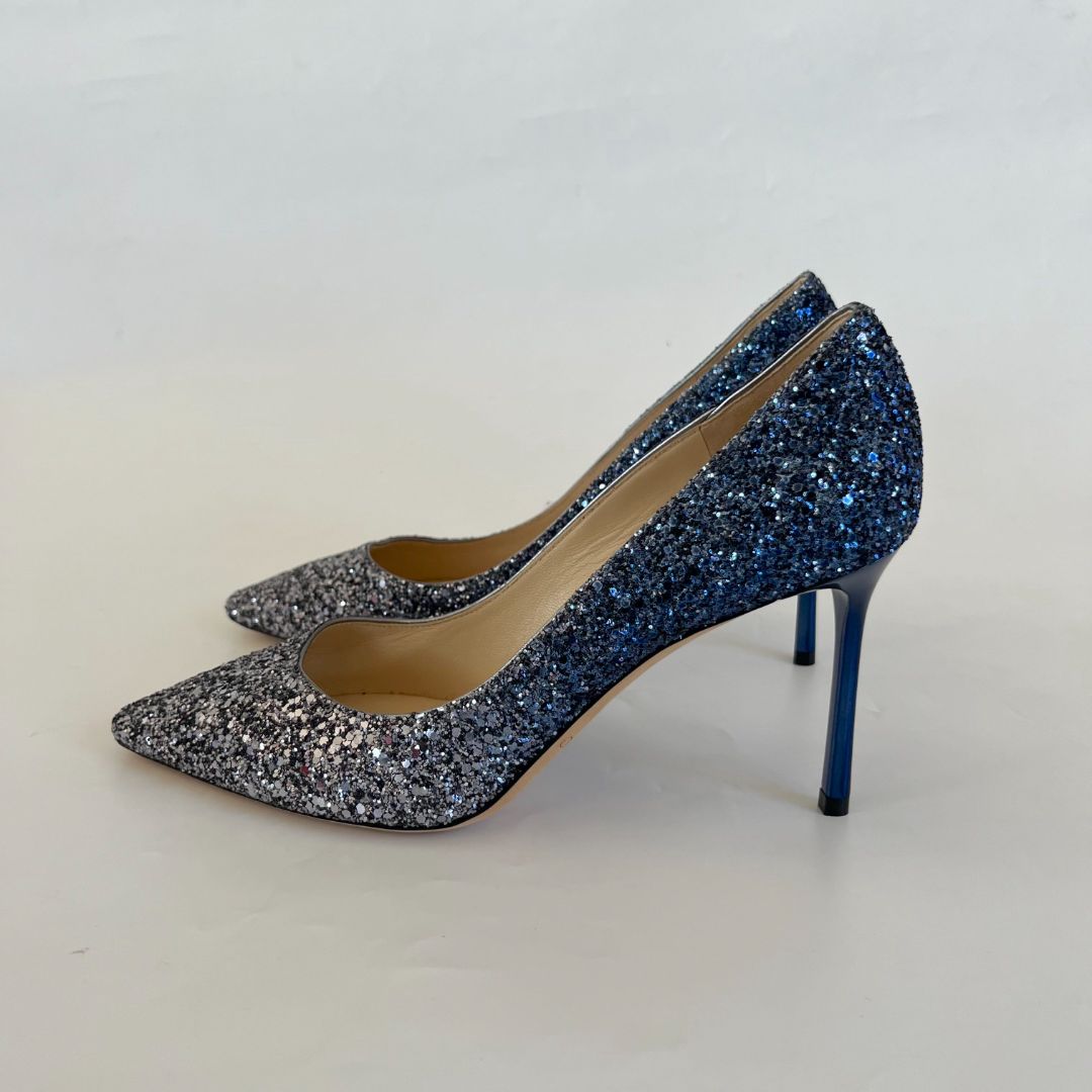 Jimmy Choo glitter blue/silver gradient mid heel pumps, 37