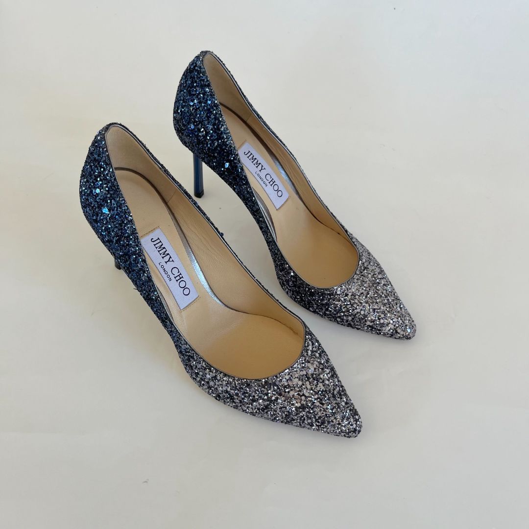 Jimmy Choo glitter blue/silver gradient mid heel pumps, 37