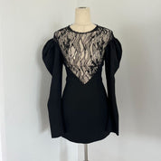 Saint Laurent Black Long Sleeve Lace Wool Dress