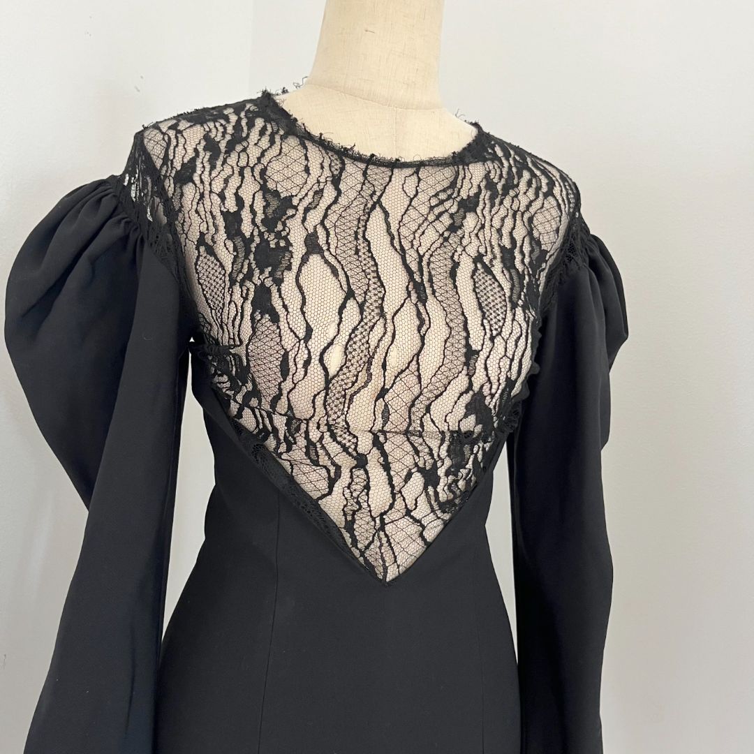 Saint Laurent Black Long Sleeve Lace Wool Dress
