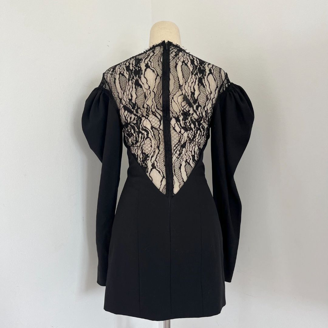 Saint Laurent Black Long Sleeve Lace Wool Dress
