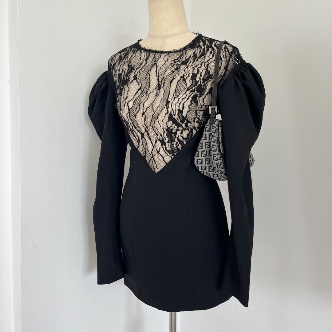 Saint Laurent Black Long Sleeve Lace Wool Dress