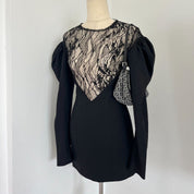 Saint Laurent Black Long Sleeve Lace Wool Dress