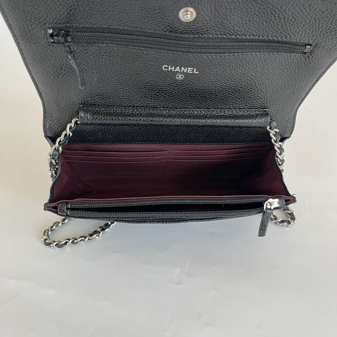 Chanel quilted black caviar wallet on chain with silver-hardware
