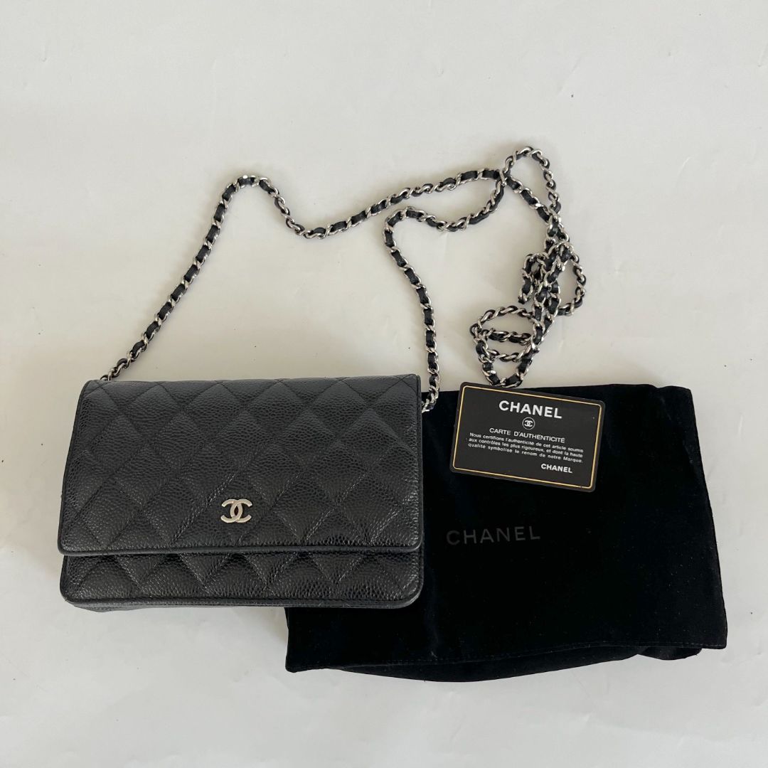 Chanel quilted black caviar wallet on chain with silver-hardware