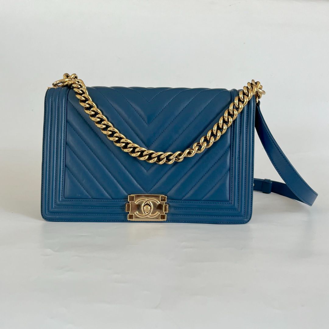 Chanel Handbag Le Boy Medium Size Chanel Blue Chevron