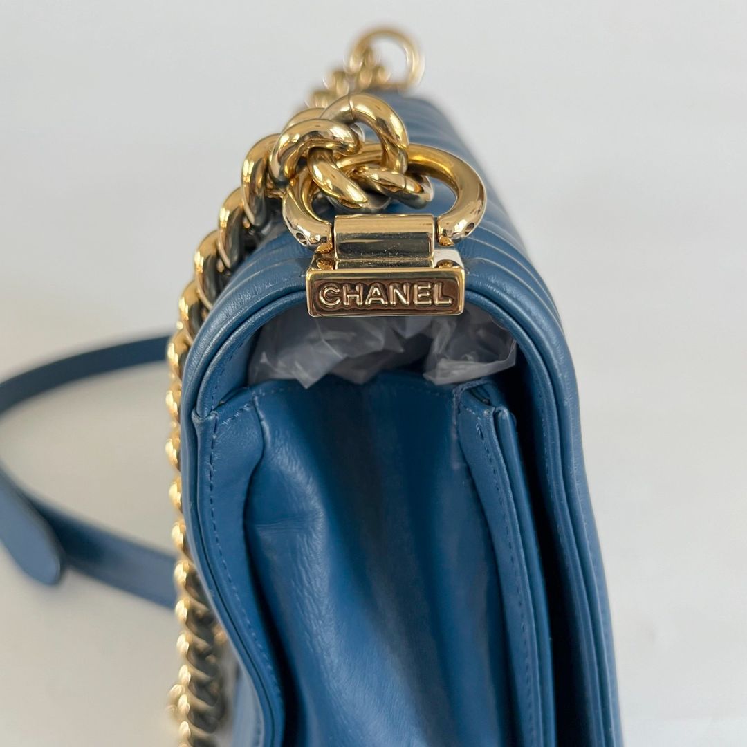 Chanel Small Preowned Quilted Patent Boy Bag Light Blue$3,250.00