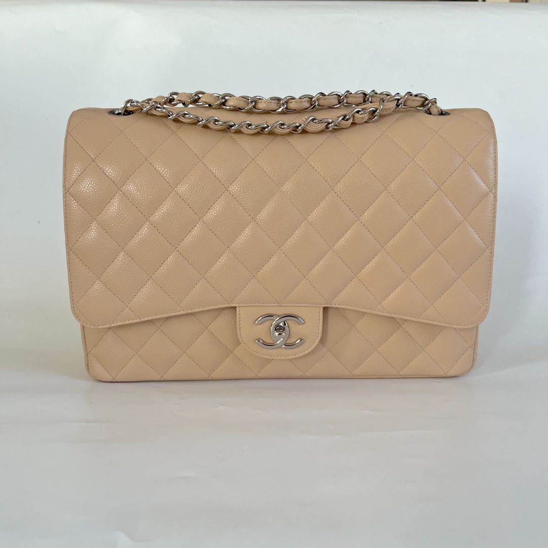 Chanel beige caviar quilted leather maxi double flap bag BOPF