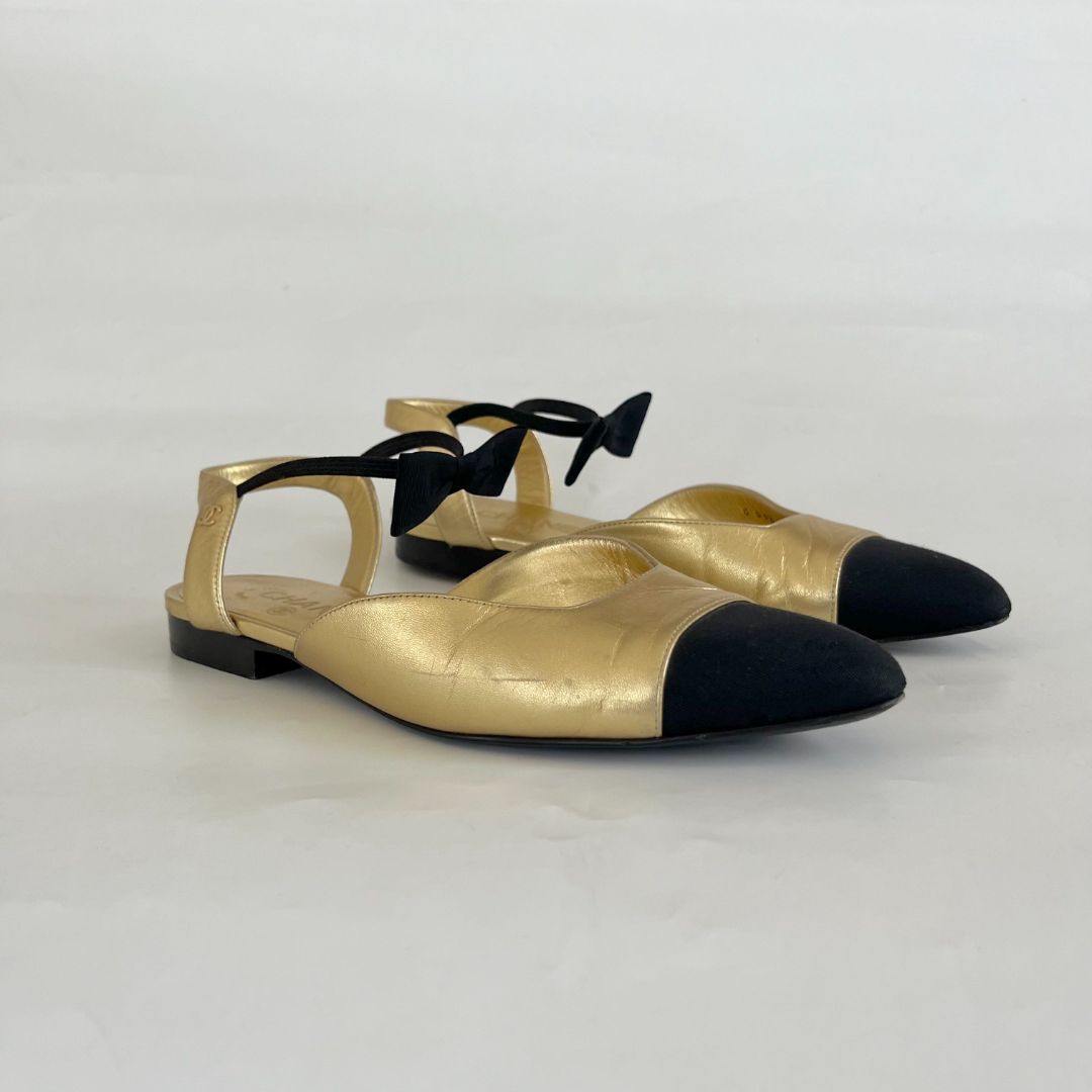Chanel Gold Leather Flats with Bow Detail