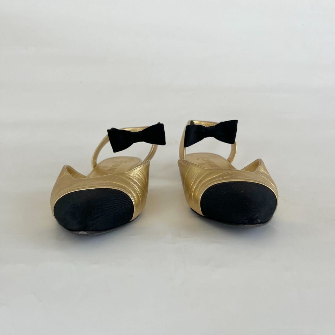 Chanel Gold Leather Flats with Bow Detail