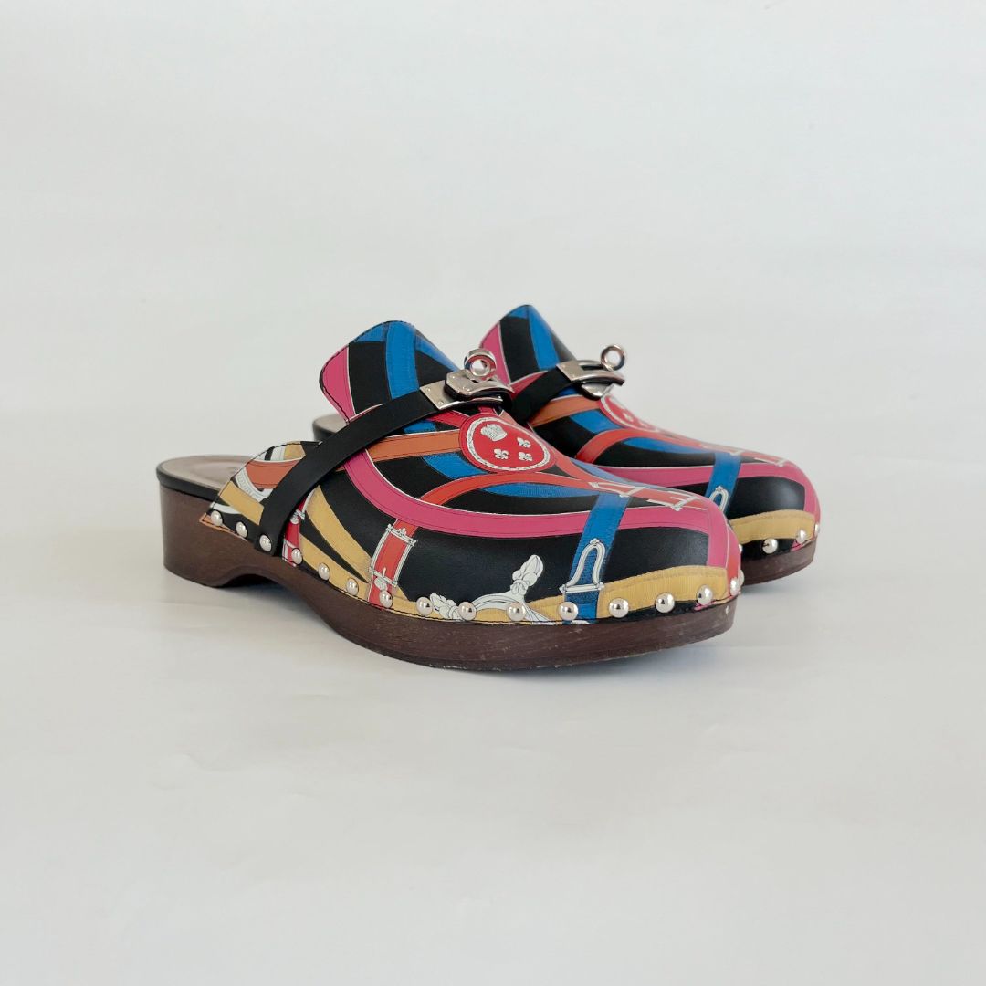 Hermès Multicolore Noir Carlotta mules, , 39
