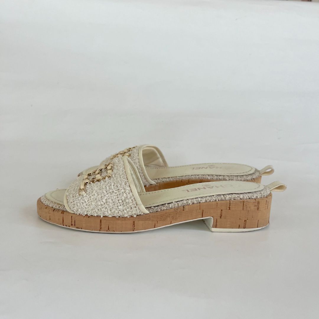 Chanel white tweed mule sandals with cork wedge, 39C - BOPF