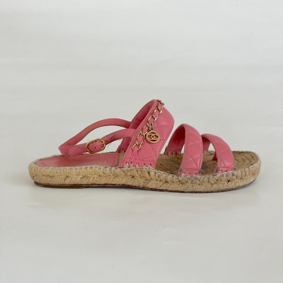 CHANEL Cord Lambskin Quilted Logo Sandals 38 Pink 975908
