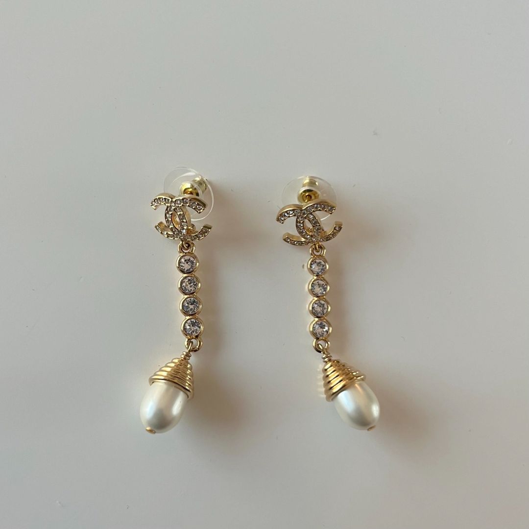 Chanel gold-tone metal drop earrings with crystal