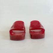Gucci red rubber heeled logo embossed sandals, 39