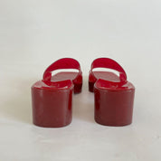 Gucci red rubber heeled logo embossed sandals, 39