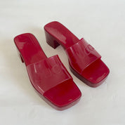 Gucci red rubber heeled logo embossed sandals, 39