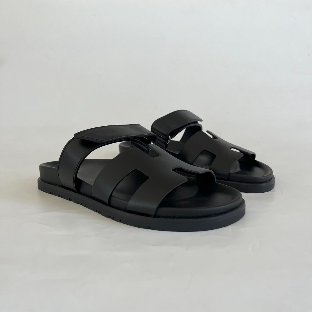 Hermès Black Chypre Sandals, 37.5