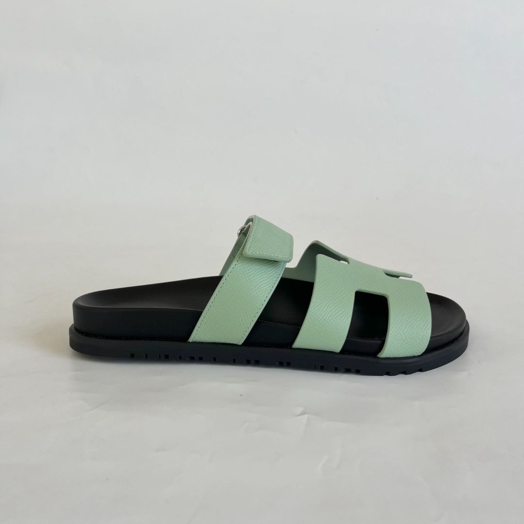 Hermès Chypre Vert Jade Epsom Leather Sandals, 38.5