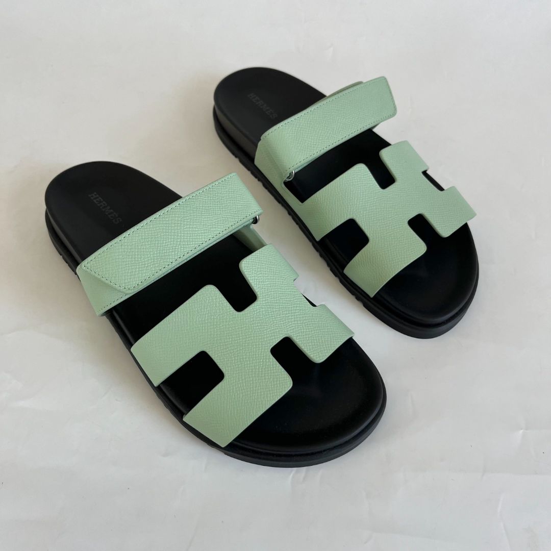 Hermès Chypre Vert Jade Epsom Leather Sandals, 38.5 - BOPF