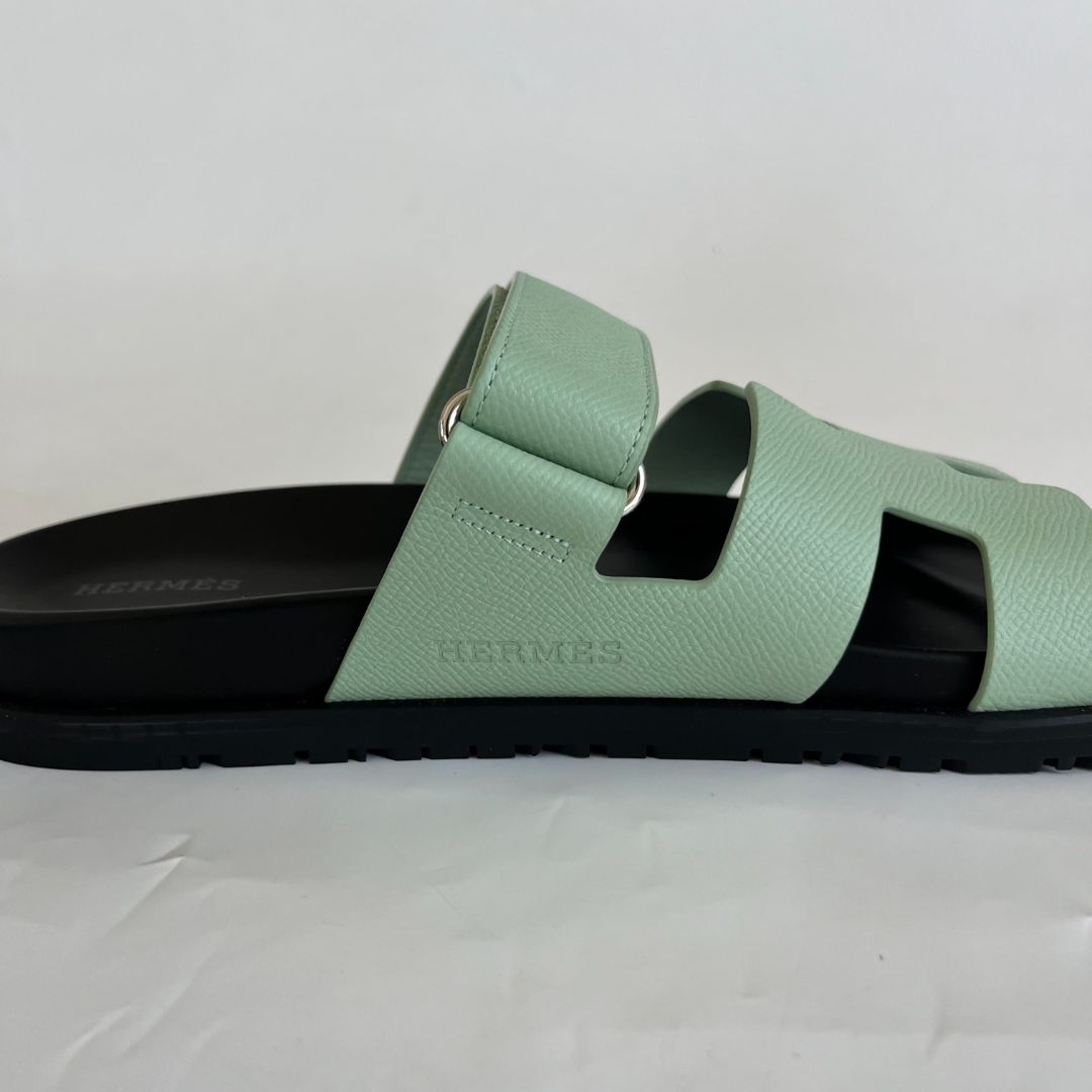 Hermès Chypre Vert Jade Epsom Leather Sandals, 37