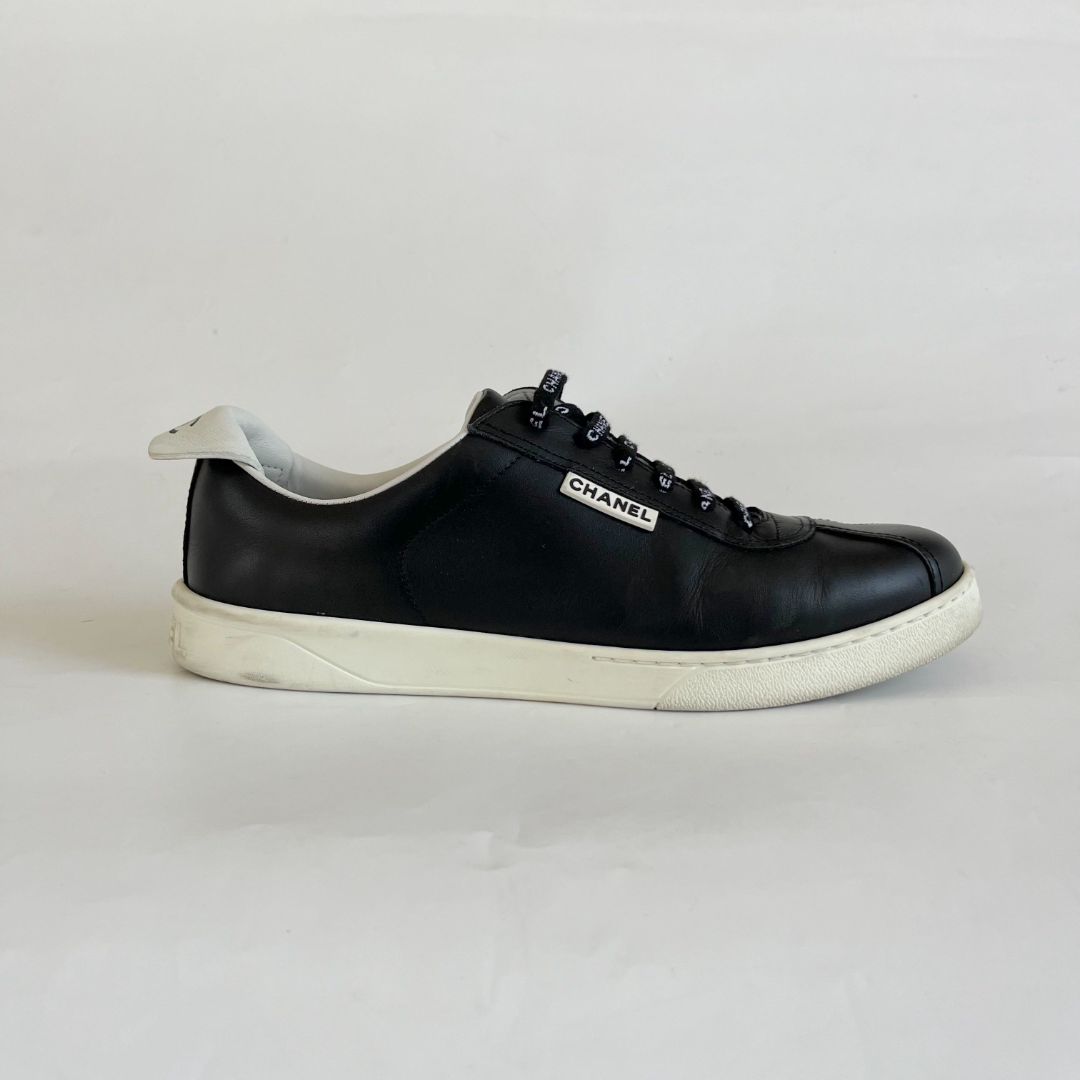 Chanel Black Leather Logo Lace Up CC Low Top Sneakers, 42